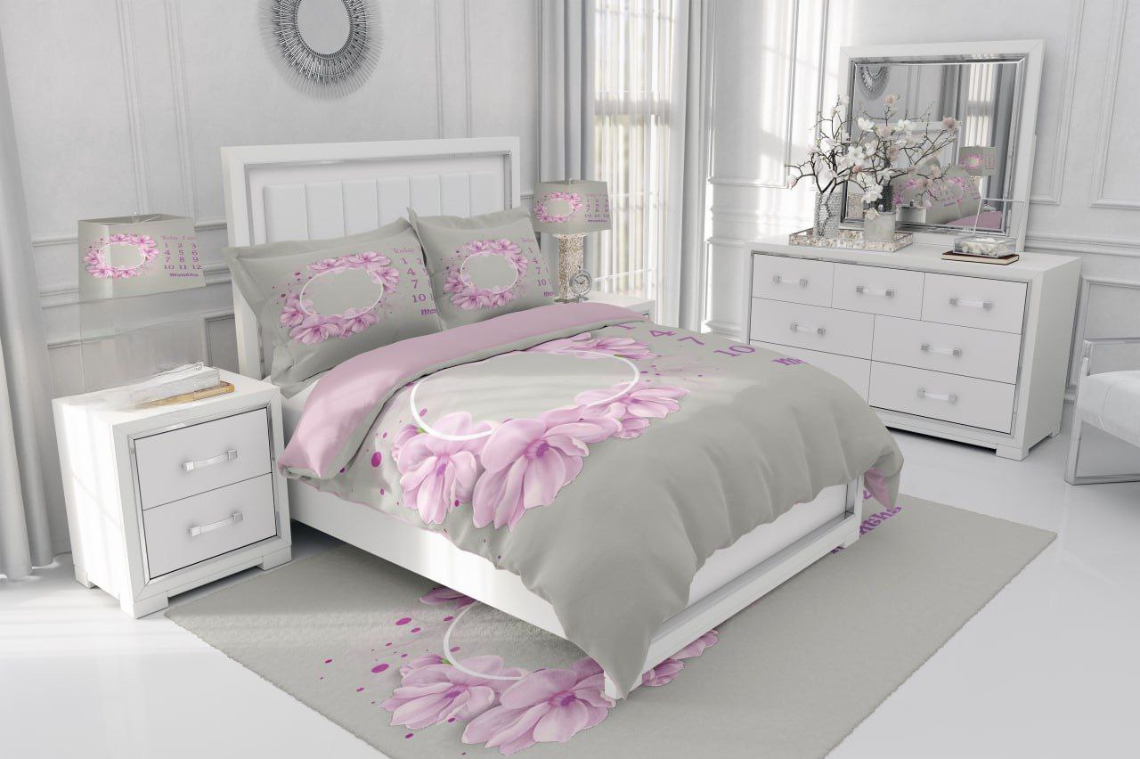 روتختی سه‌بعدی نوزادی طرح گل حلقه‌ای صورتی – زمینه طوسی