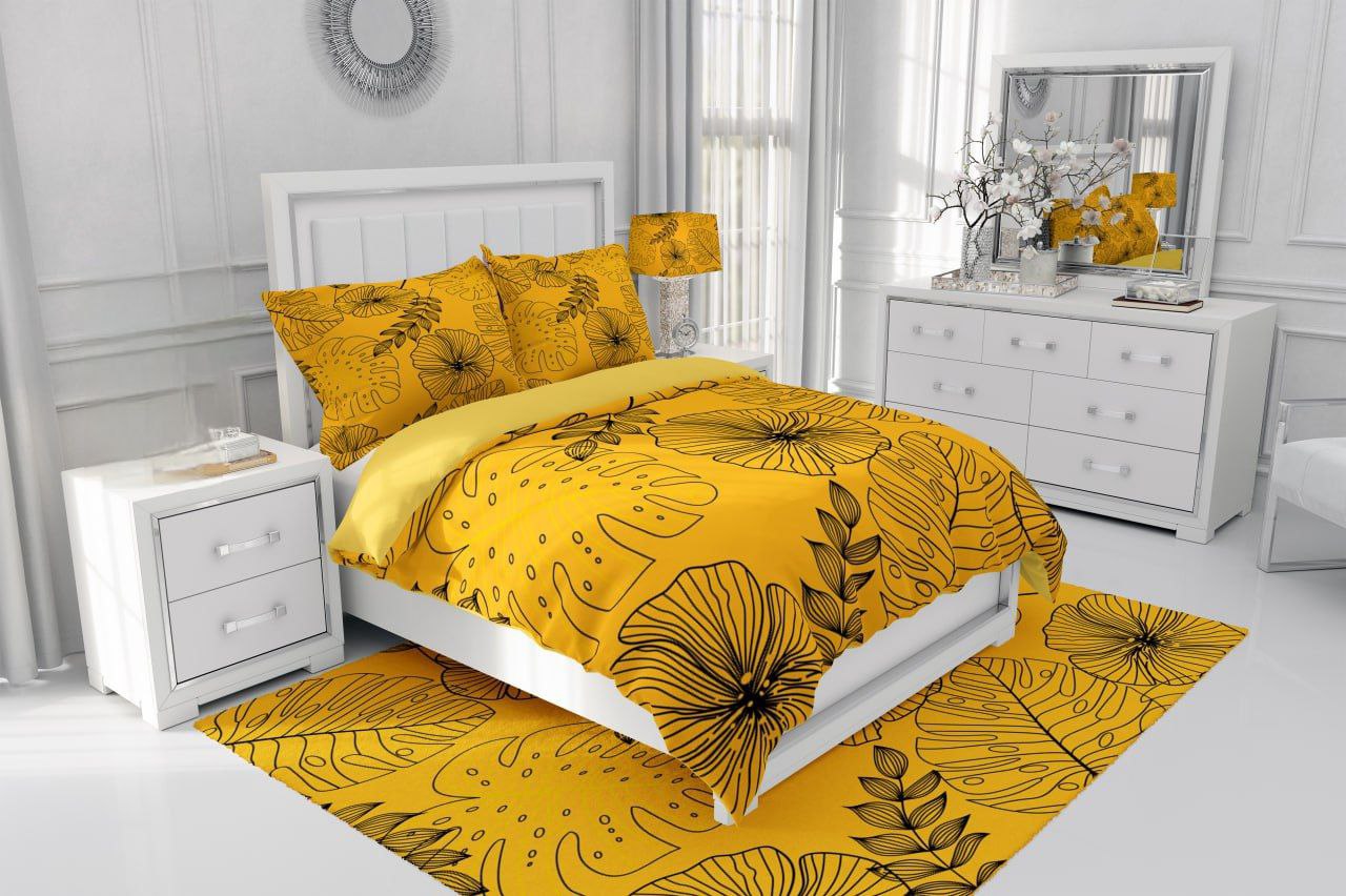 سرویس خواب سه‌بعدی طرح برگ‌های مدرن – رنگ خردلی